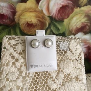 Cultured Pearl and Pave set CZ in 925 Sterling Button Style Pierced Earr…